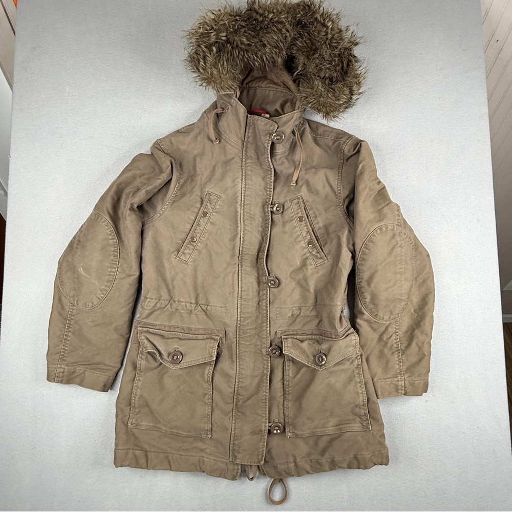 Y2K GAP Utility Parka Jacket Faux Fur Hood Tan Khaki Women’s Small